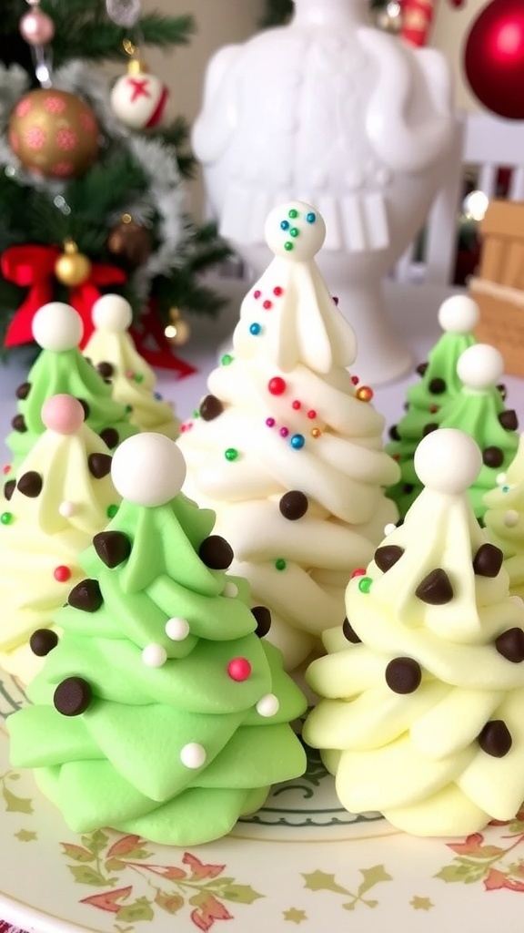 Meringue cookies shaped like Christmas trees, decorated with sprinkles and candies, on a festive plate.